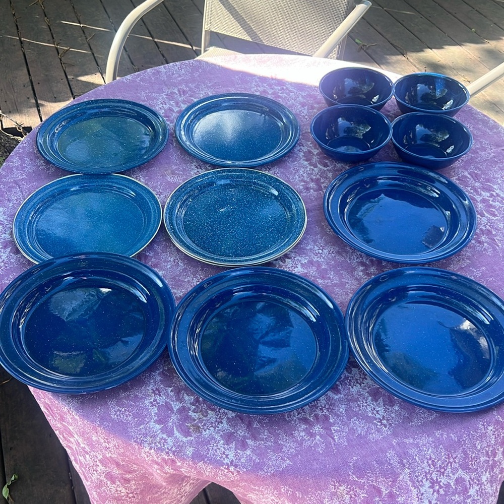 Lot of Camping Enamel Dishes Serveware Blue Speckled Cups & Bowls ~ Set of 13